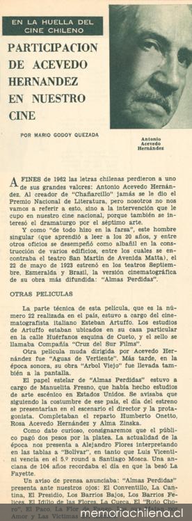 En la huella del cine chileno : participación de Acevedo Hernández en nuestro cine