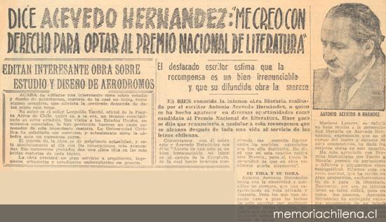 Dice Acevedo Hernández : "Me creo con derecho para optar al Premio Nacional de Literatura"