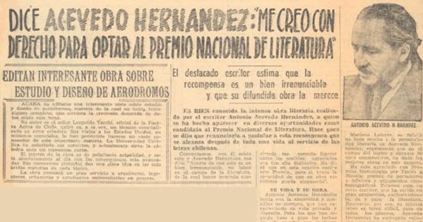 Dice Acevedo Hernández : "Me creo con derecho para optar al Premio Nacional de Literatura"