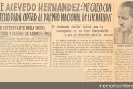 Dice Acevedo Hernández : "Me creo con derecho para optar al Premio Nacional de Literatura"