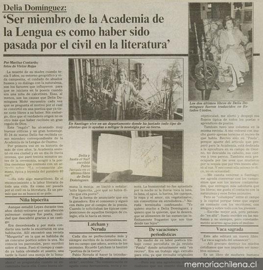 Delia Dominguez : Ser miembro de la Academia de la Lengua es como haber sido pasada por el civil en la literatura