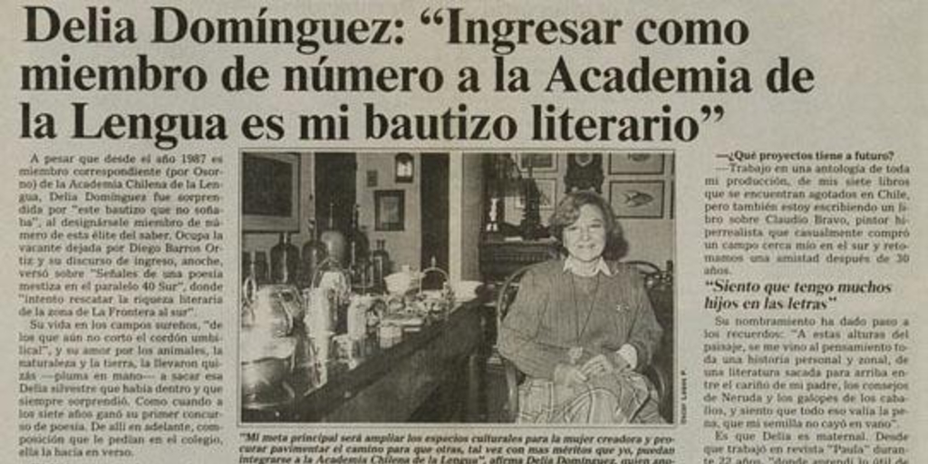 Delia Domínguez : Ingresar como miembro de número  a la Academia de la Lengua es mi bautizo literario