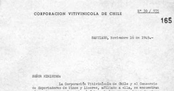 [Carta] No. 30/975, 1949 Nov. 16, Santiago, al señor Ministro de Hacienda [manuscrito]