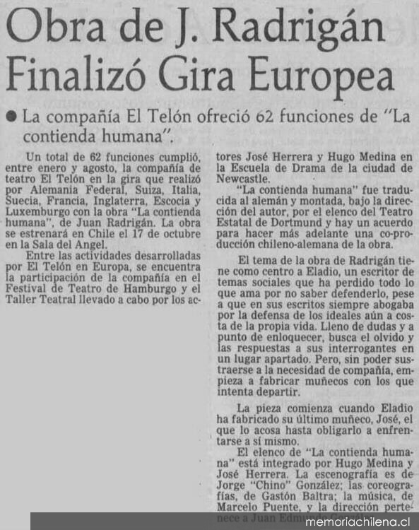 Obra de J. Radrigán finalizó gira europea