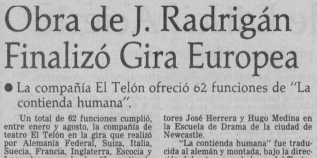Obra de J. Radrigán finalizó gira europea
