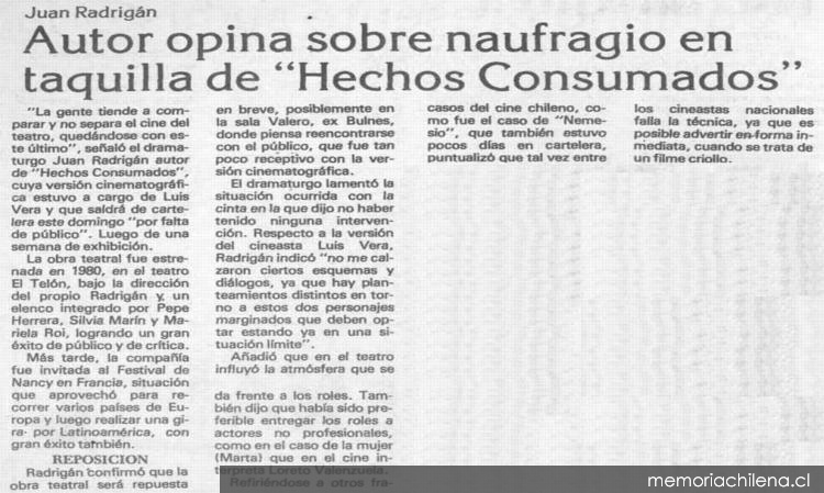 Autor opina sobre naufragio en taquilla de "Hechos consumados"