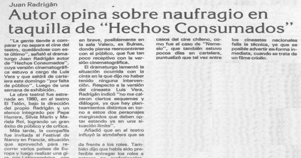 Autor opina sobre naufragio en taquilla de "Hechos consumados"