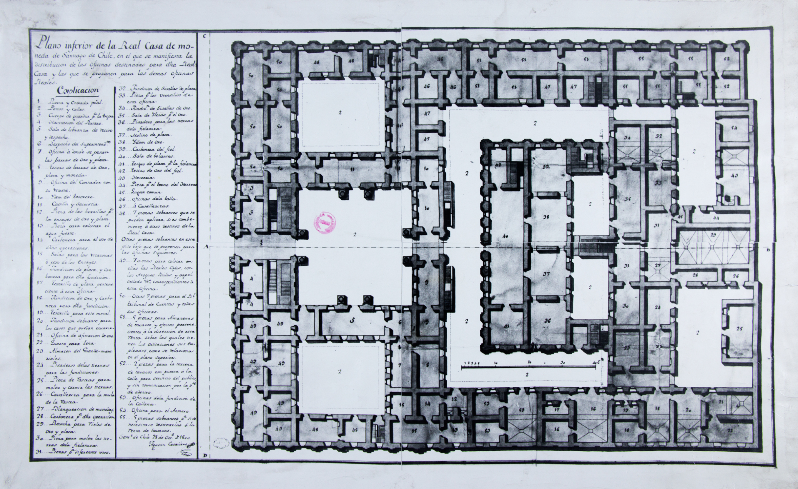 Plano inferior de la Real Casa de Moneda de Santiago de Chile, en el que se manifiesta la distribución de las oficinas destinadas para dicha Real Casa y las que se proponen para las demás oficinas Reales