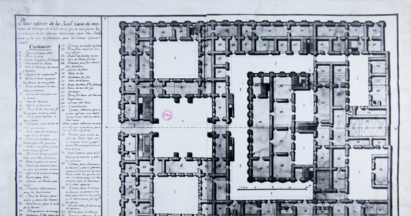 Plano inferior de la Real Casa de Moneda de Santiago de Chile, en el que se manifiesta la distribución de las oficinas destinadas para dicha Real Casa y las que se proponen para las demás oficinas Reales