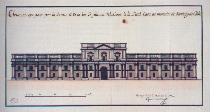 Elevación que pasa por la línea C D de los 3 planos relativos a la Real Casa de Moneda de Santiago de Chile, 1800