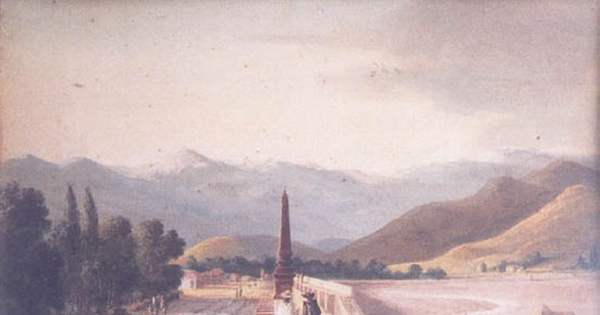 Vista de tajamar con una de las bajadas al lecho del río Mapocho, siglo 19