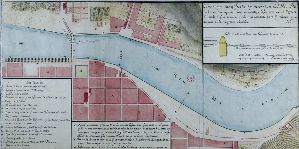 Plano que manifiesta la dirección del Río Mapocho en Santiago de Chile, 1783