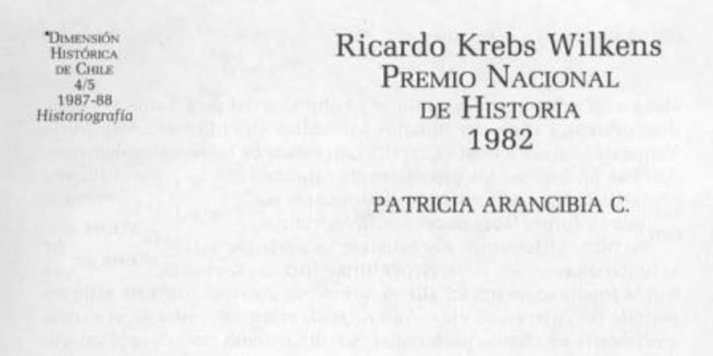 Ricardo Krebs Wilckens, Premio Nacional de Historia 1982