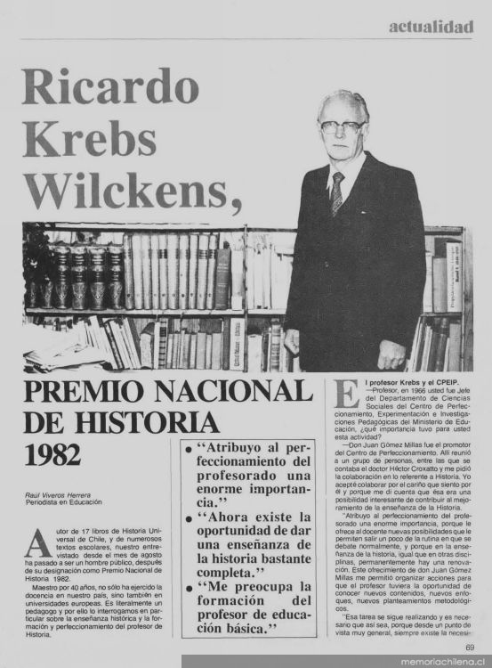 Ricardo Krebs Wilckens, Premio Nacional de Historia 1982