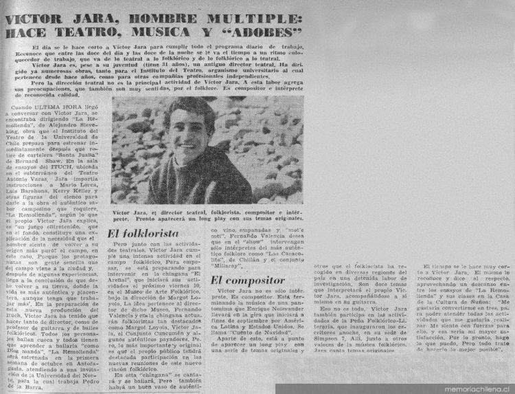 Víctor Jara, hombre múltiple : hace teatro, música y "adobes"