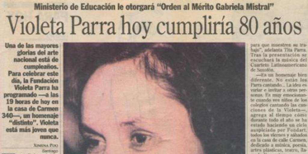 Violeta Parra hoy cumpliría 80 años