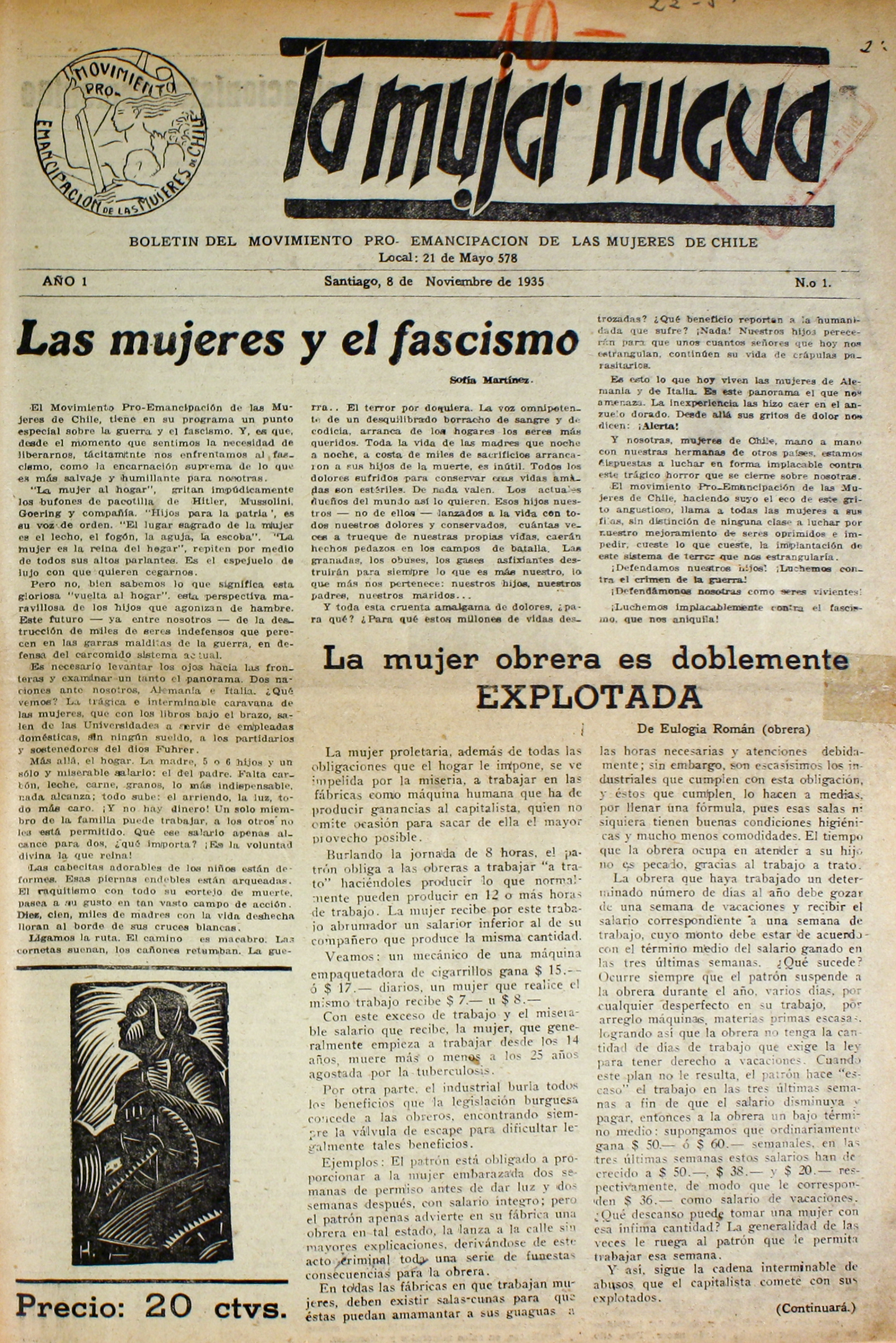 La Mujer Nueva. Boletín del Movimiento Pro-Emancipación de las Mujeres de Chile. Año I, número 1 (8 de noviembre de 1935) – Año III, número 27 (febrero de 1941)