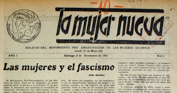 La Mujer Nueva. Boletín del Movimiento Pro-Emancipación de las Mujeres de Chile. Año I, número 1 (8 de noviembre de 1935) – Año III, número 27 (febrero de 1941)