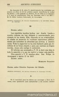 Informe al Director Supremo del escarmiento a Josefa Landa por su resistencia a la causa patriota