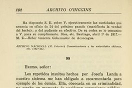 Informe al Director Supremo del escarmiento a Josefa Landa por su resistencia a la causa patriota