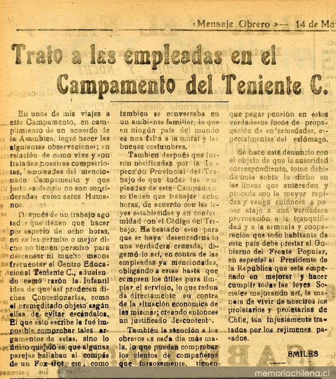 Trato a las empleadas en el Campamento del Teniente C.