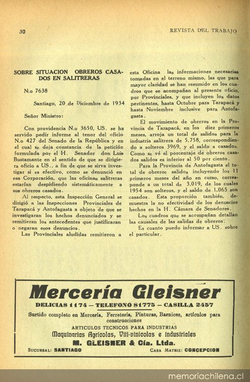 Sobre situación de obreros casados en salitreras