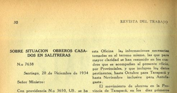 Sobre situación de obreros casados en salitreras