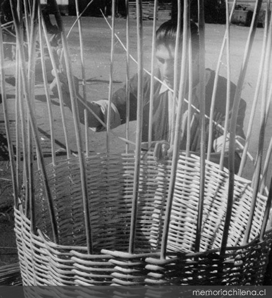 Artesano tejiendo mimbre, hacia 1960