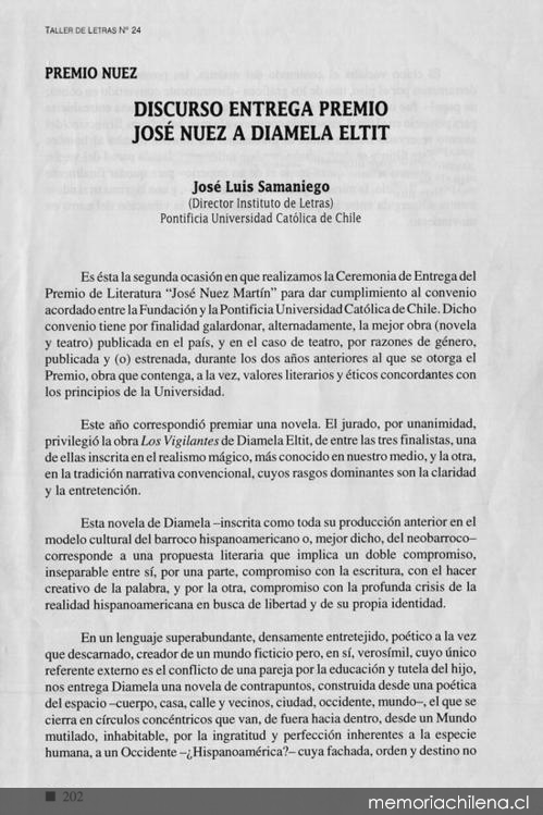 Discurso entrega premio José Nuez a Diamela Eltit