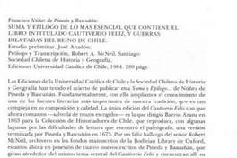 Francisco Núñez de Pineda y Bascuñán, "Suma y epílogo de lo más esencial que contiene el libro intitulado Cautiverio feliz, y guerras dilatadas del Reino de Chile"