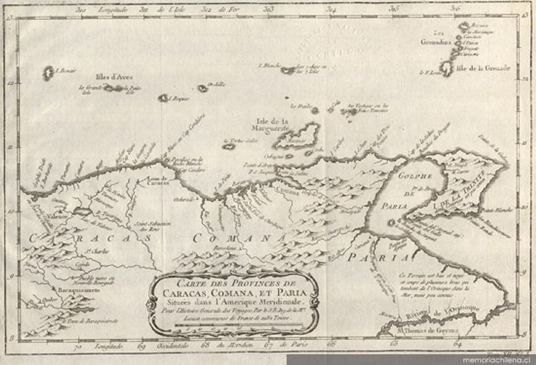 Carte des provinces de Caracas, Comana et Paria : situees dans l'amerique meridionale, siglo 18