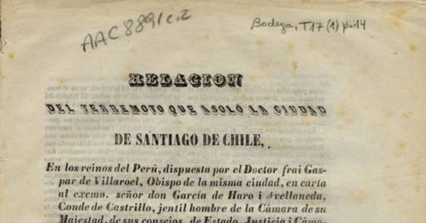 Relación del terremoto que asoló a la ciudad de Santiago de Chile...