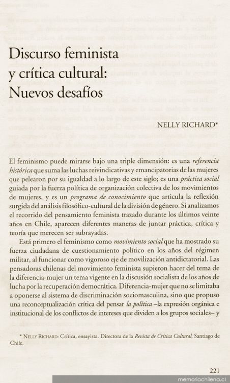 Discurso feminista y crítica cultural : nuevos desafíos