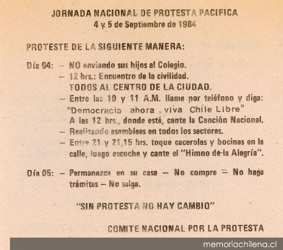 Jornada Nacional de Protesta Pacífica, 4 y 5 de septiembre 1984