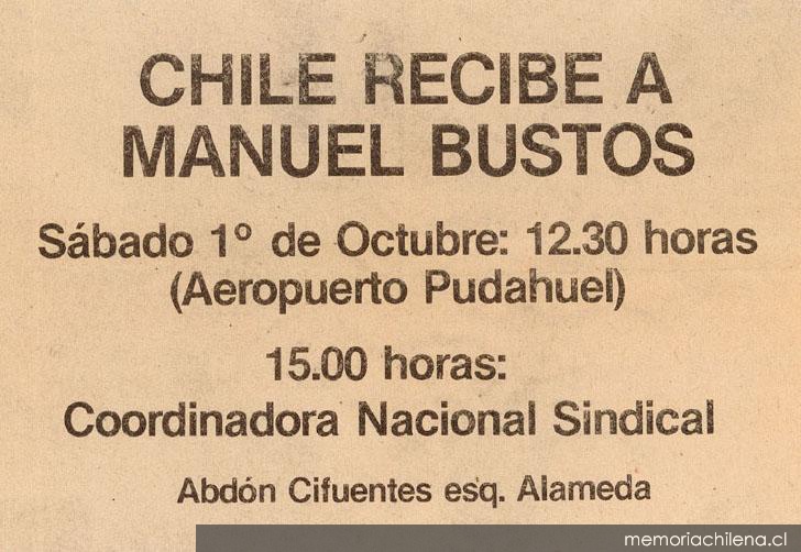 Chile recibe a Manuel Bustos, Octubre 1983
