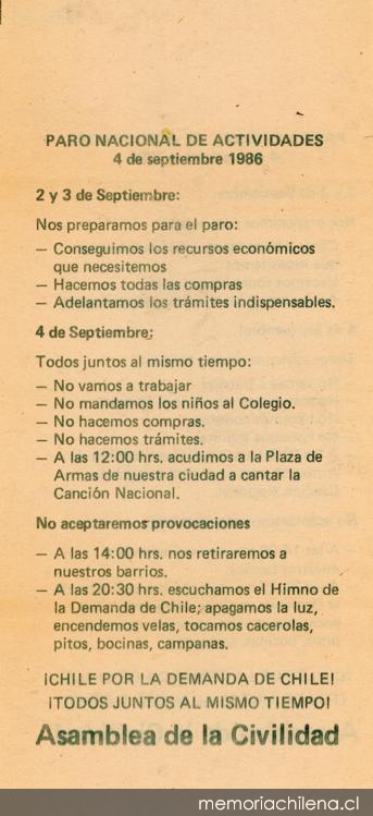 Paro Nacional de Actividades, 4 de septiembre de 1986