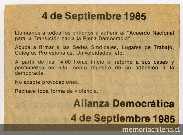 4 de septiembre 1985 : llamamos a todos los chilenos...