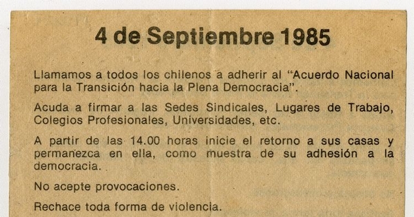 4 de septiembre 1985 : llamamos a todos los chilenos...