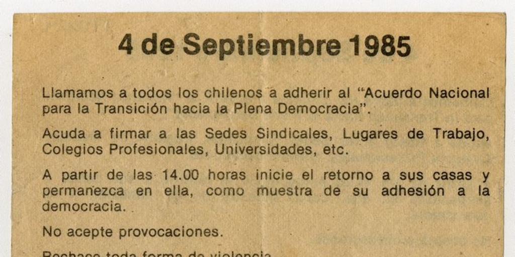 4 de septiembre 1985 : llamamos a todos los chilenos...