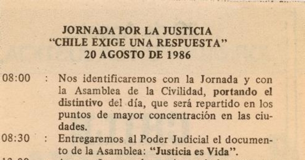 Jornada por la justicia : Chile exige una respuesta, 20 de agosto 1986