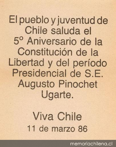 El pueblo y juventud de Chile saluda el 5° aniversario de la Constitución ...