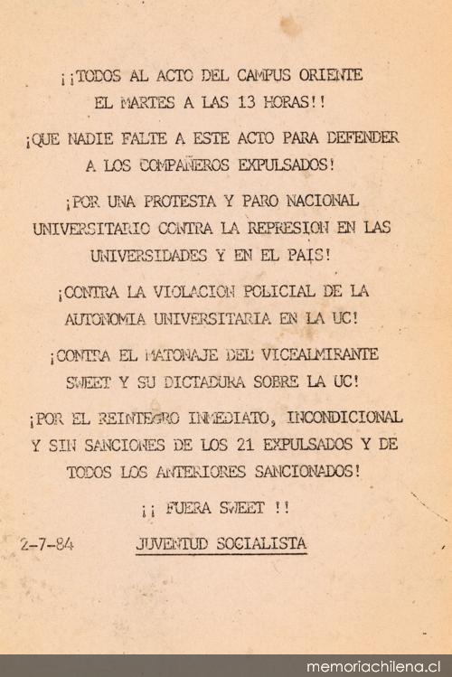 ¡Todos al acto del Campus Oriente! : 2 de julio de 1984