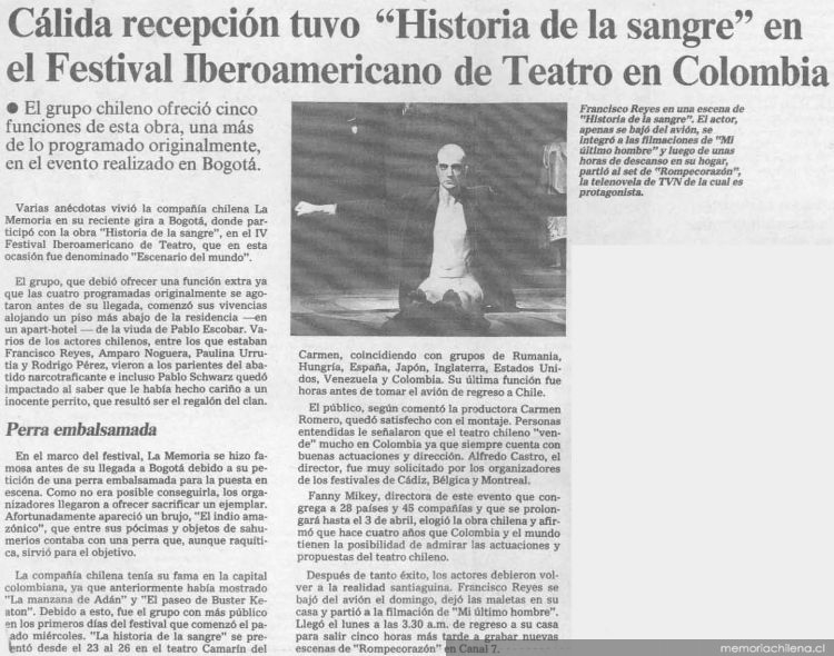 Cálida recepción tuvo "Historia de la sangre" en el Festival Iberamericano de Teatro en Colombia