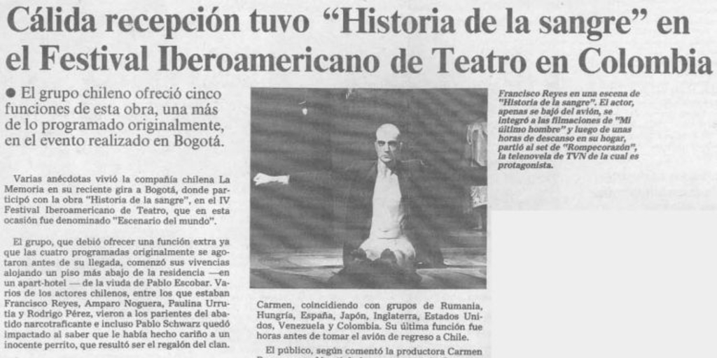 Cálida recepción tuvo "Historia de la sangre" en el Festival Iberamericano de Teatro en Colombia