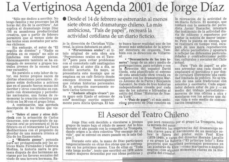 La Vertiginosa agenda 2001 de Jorge Díaz