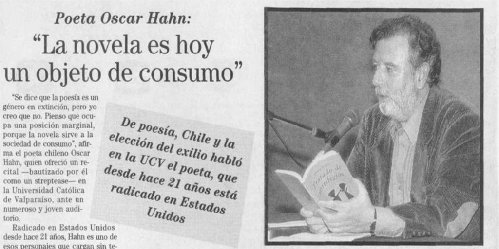 Poeta Oscar Hahn : "la novela es hoy un objeto de consumo"
