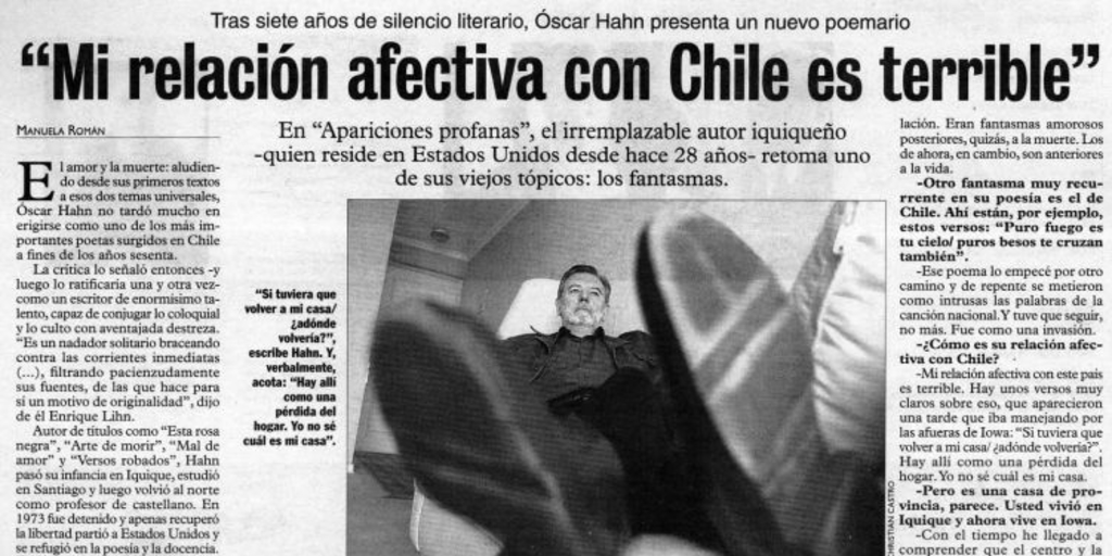 "Mi relación afectiva con Chile es terrible "