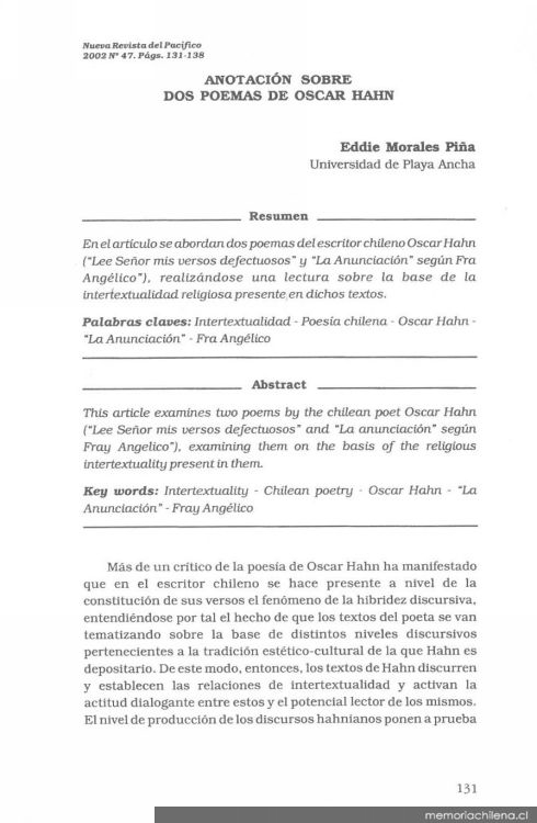 Anotación sobre dos poemas de Oscar Hahn