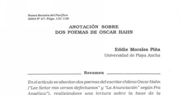 Anotación sobre dos poemas de Oscar Hahn