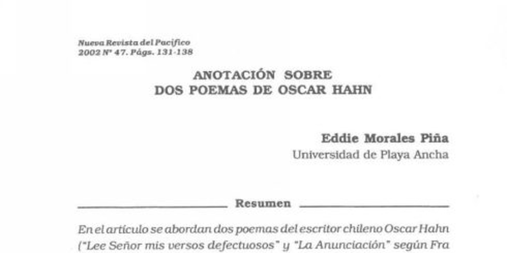 Anotación sobre dos poemas de Oscar Hahn